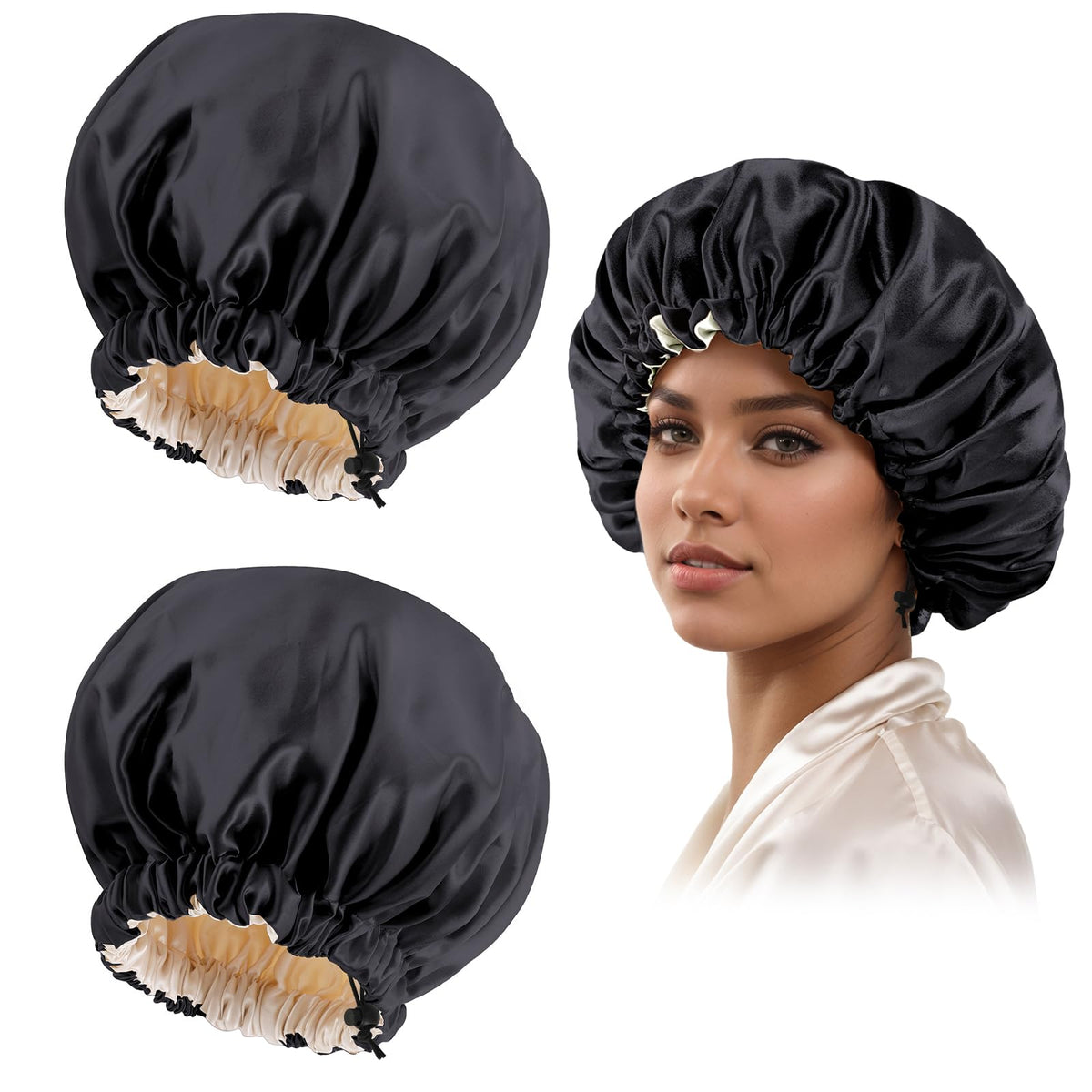 Satin Bonnet Silk Bonnet for Curly Hair Bonnet Braid Bonnet for Sleeping Bonnets for Women Large Double-Layer Adjustable(2Pcs Black)