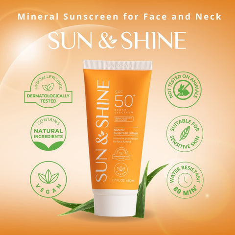 SUN & SHINE MINERAL SUNSCREEN LOTION: SPF50 Broad Spectrum UVA UVB, Face Neck Protection, face mineral lotion Zinc Oxide, for Sensitive Skin,reef safe, fragrance free 1.7 Oz