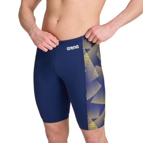 ARENA Mens Halftone Competitive Racing Jammers for Intensive Swimming, Reduced Drag Swimsuit,Navy-Team Navy Yellow