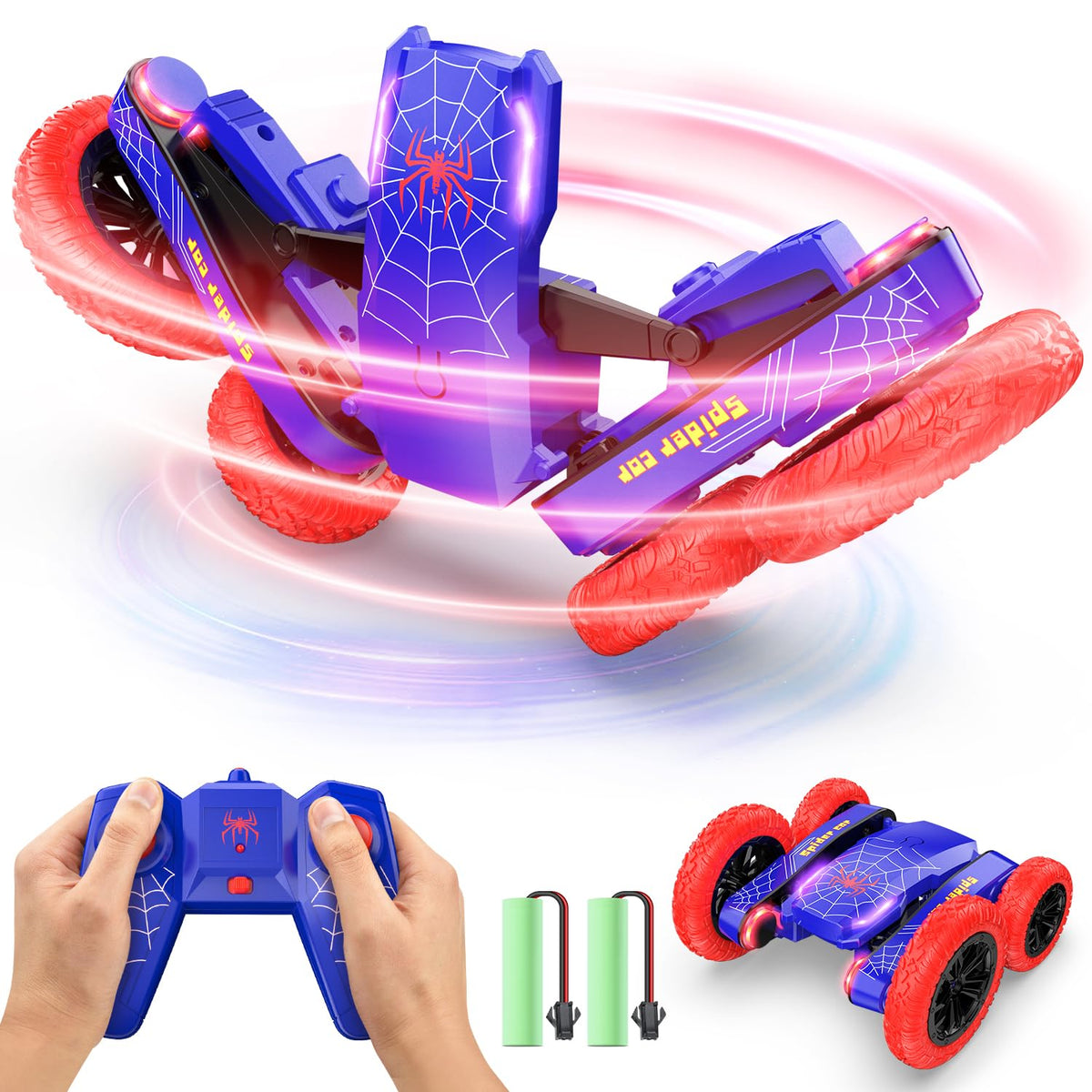 DEERC Spider Remote Control Car - Double Sided Mini RC Stunt Car, 360ÃƒÆ’Ã†â€™ÃƒÂ¢Ã¢â€šÂ¬Ã…Â¡ÃƒÆ’Ã¢â‚¬Å¡Ãƒâ€šÃ‚Â°Rotating 4WD Off-Road RC Cars with Headlights 2.4Ghz Indoor/Outdoor Rechargeable Toy Car for Boys Age 4-7 8-12 Birthday Xmas Gift