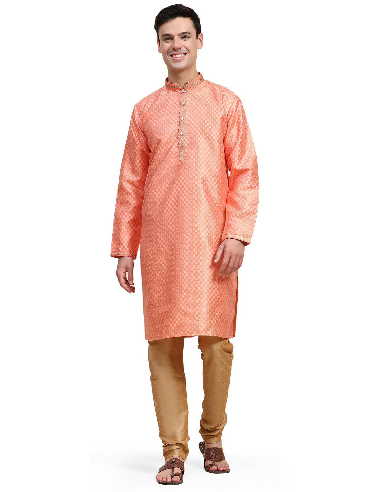 SKAVIJ Men's Jacquard Silk Woven Design Kurta Pajama Set Ethnic Motifs Long Sleeves Ethnic Dress (KP131red_Red_XL)