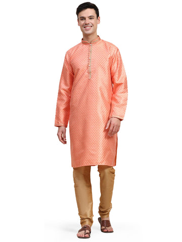 SKAVIJ Men's Jacquard Silk Woven Design Kurta Pajama Set Ethnic Motifs Long Sleeves Ethnic Dress (KP131red_Red_XL)