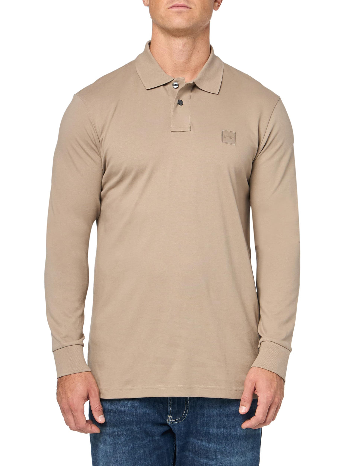 BOSS Square Patch Logo Slim Fit Long Sleeve Polo Shirt Desert Taupe