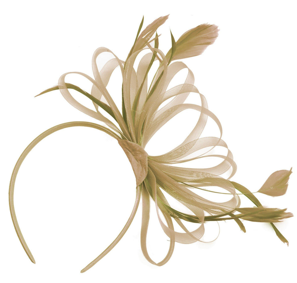 Caprilite Gold Beige Fascinator Headband Large Wedding Ascot Races Net Hat Feathers