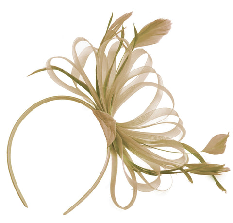 Caprilite Gold Beige Fascinator Headband Large Wedding Ascot Races Net Hat Feathers
