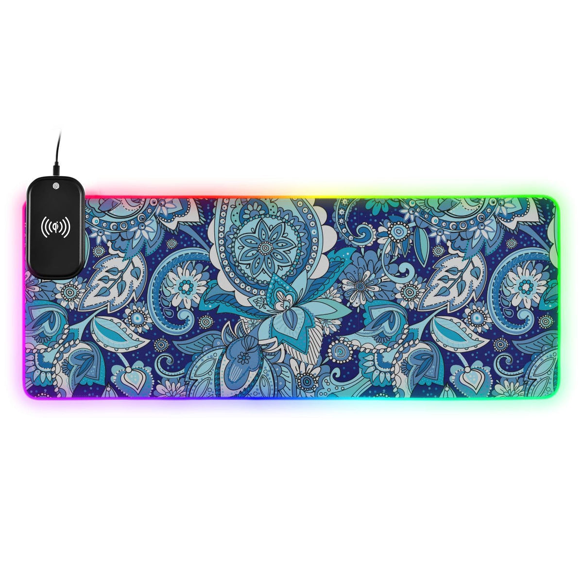 Flower Boho Paisley Wireless Charging Mouse Pad for Mobile Phone Extra Large Gaming Mousepad with 13 Lighting Modes Extended Desk Mat for Gaming MacBook PC Laptop Desk Office Home