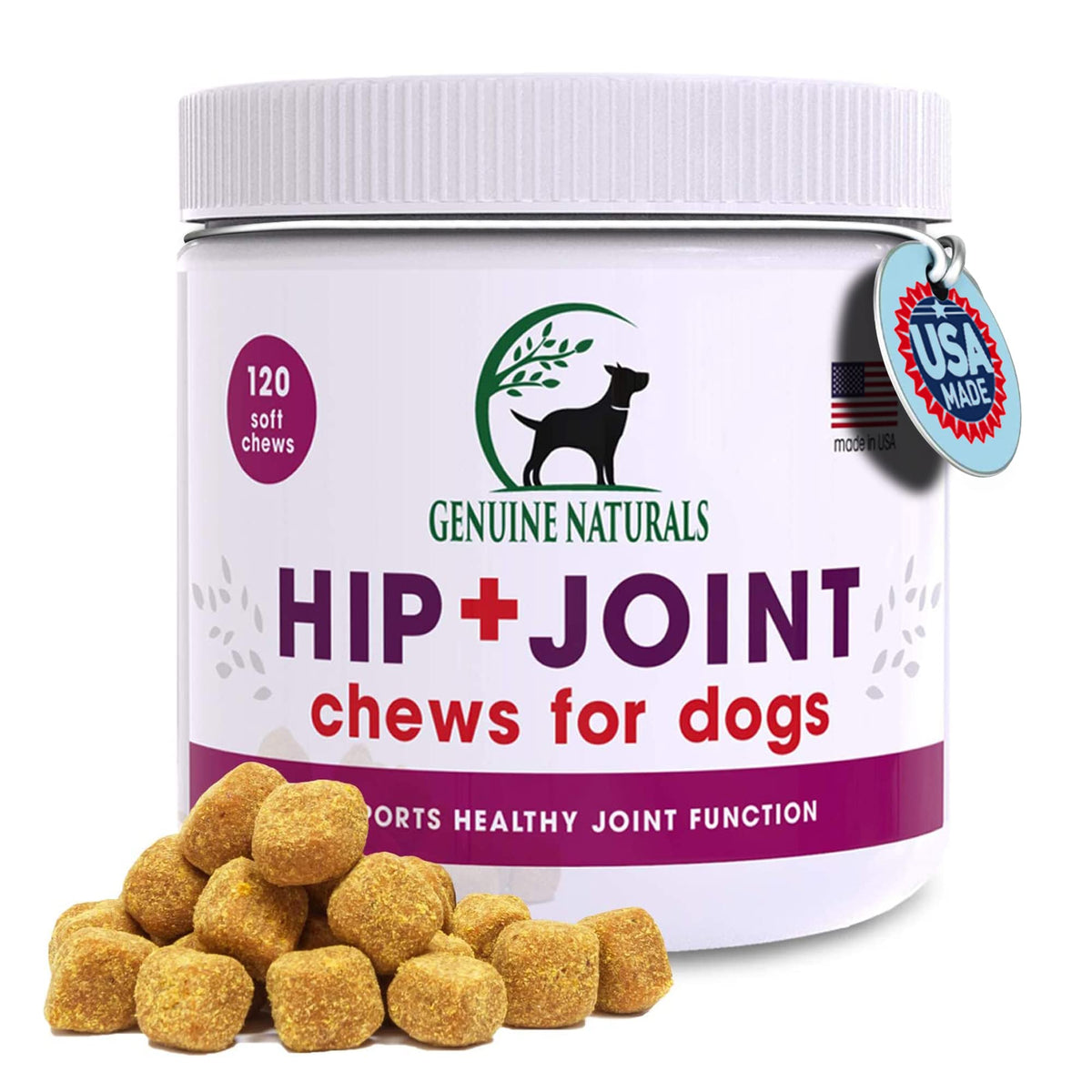 Genuine NaturalsÃƒÆ’Ã‚Â¢ÃƒÂ¢Ã¢â€šÂ¬Ã…Â¾Ãƒâ€šÃ‚Â¢ Hip and Joint Supplement for Dogs - Glucosamine Chondroitin, MSM, Organic Turmeric Soft Chews, Dog Vitamins, Supports Healthy Joint Function and Helps with Pain Relief,120 Count