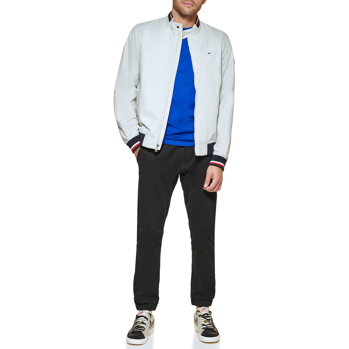 Tommy Hilfiger Men's Lightweight Varsity Rib Knit Bomber Jacket, Ice Poly, Large