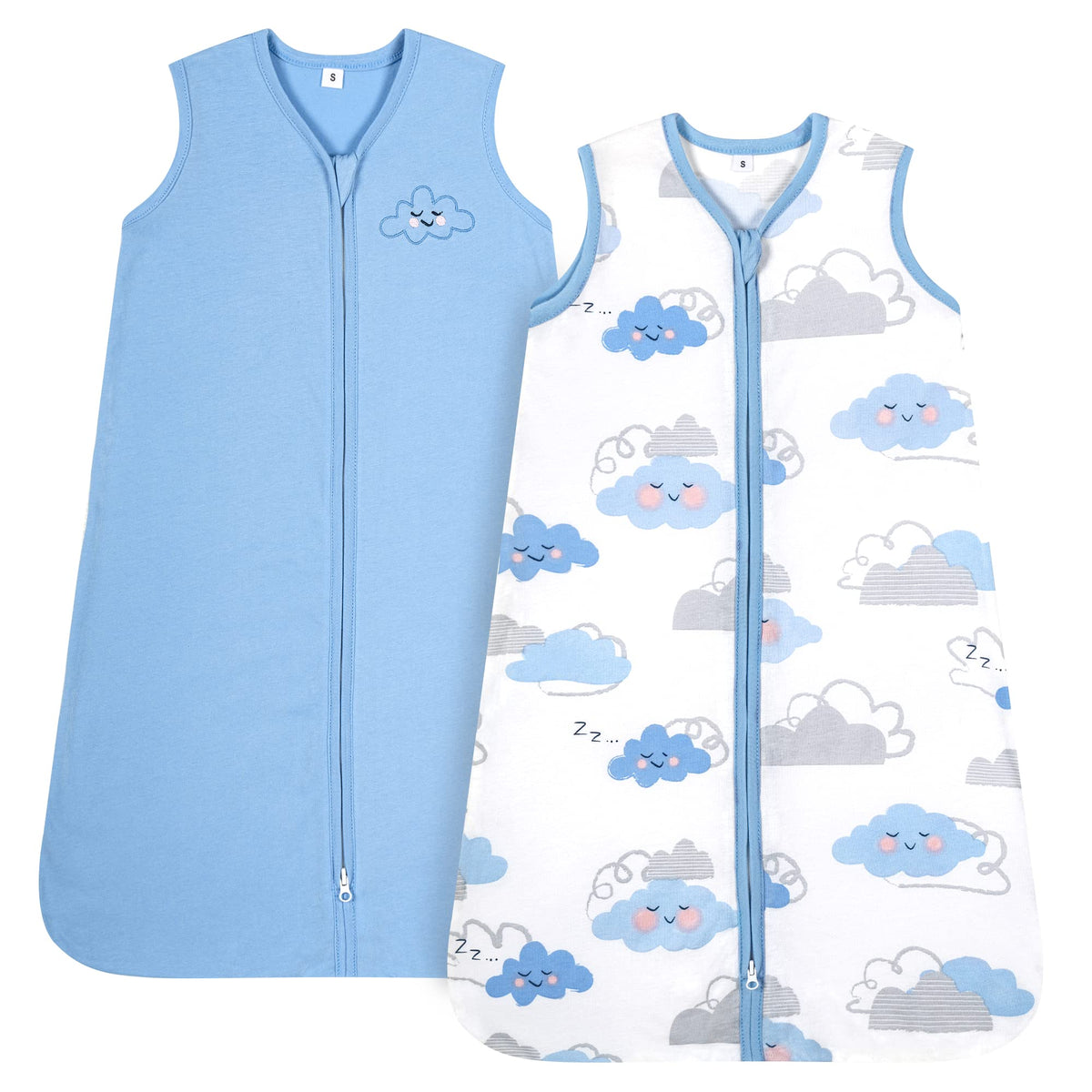 TILLYOU Sleep Sack 0-6 Months - 0.5 TOG Baby Wearable Blanket with 2-Way Zipper, Extra Soft Cotton Sleeveless Sleepsack 2 Pack, Small Cloud & Blue