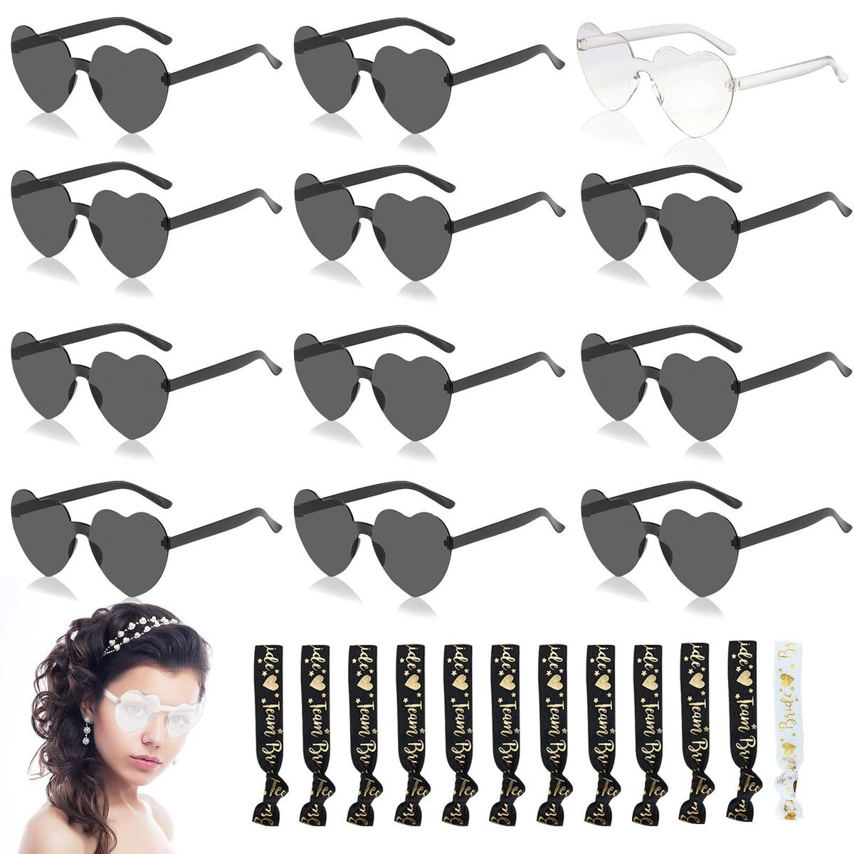 Pack of 12 heart-shaped sunglasses, heart party glasses, transparent lenses with 12 bracelets, retro party sunglasses, funny fashion rimless glasses, Valentine's Day, masquerade