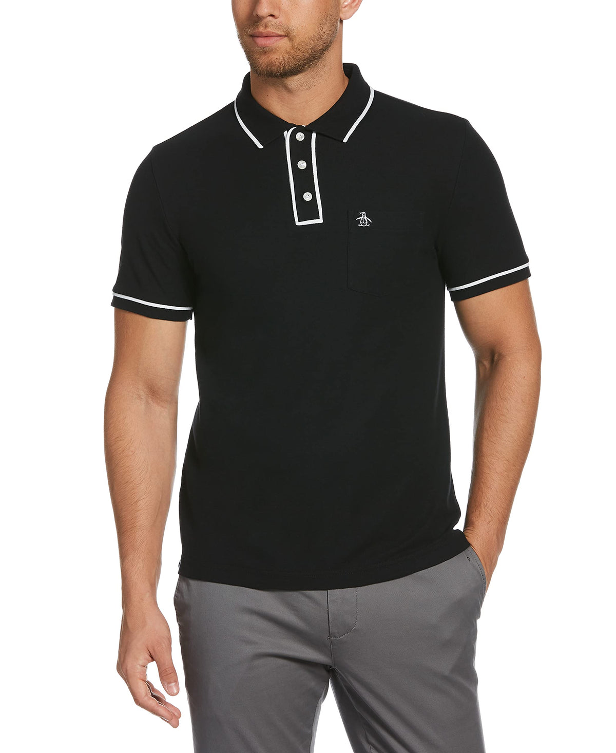 Original Penguin Men's Earl Short Sleeve Polo Shirt, True Black/White Basic, Medium