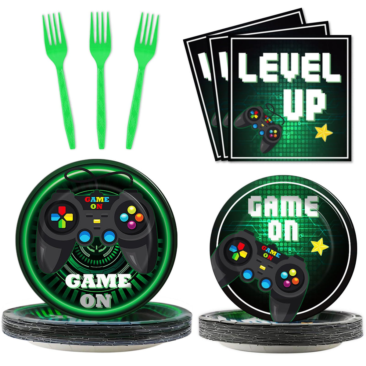 96 Pcs Video Game Plates and Napkins Party Supplies Gaming Party Tableware Set Green Gamer Party Decorations Favors for Kids Birthday Baby Shower Serves 24