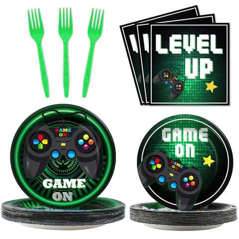 96 Pcs Video Game Plates and Napkins Party Supplies Gaming Party Tableware Set Green Gamer Party Decorations Favors for Kids Birthday Baby Shower Serves 24
