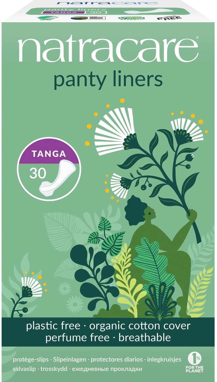 Natracare Natural Organic Thong Style Panty Liners, Made with Certified Organic Cotton, Ecologically Certified Cellulose Pulp and Plant Starch (1 Pack, 30 Liners Total)
