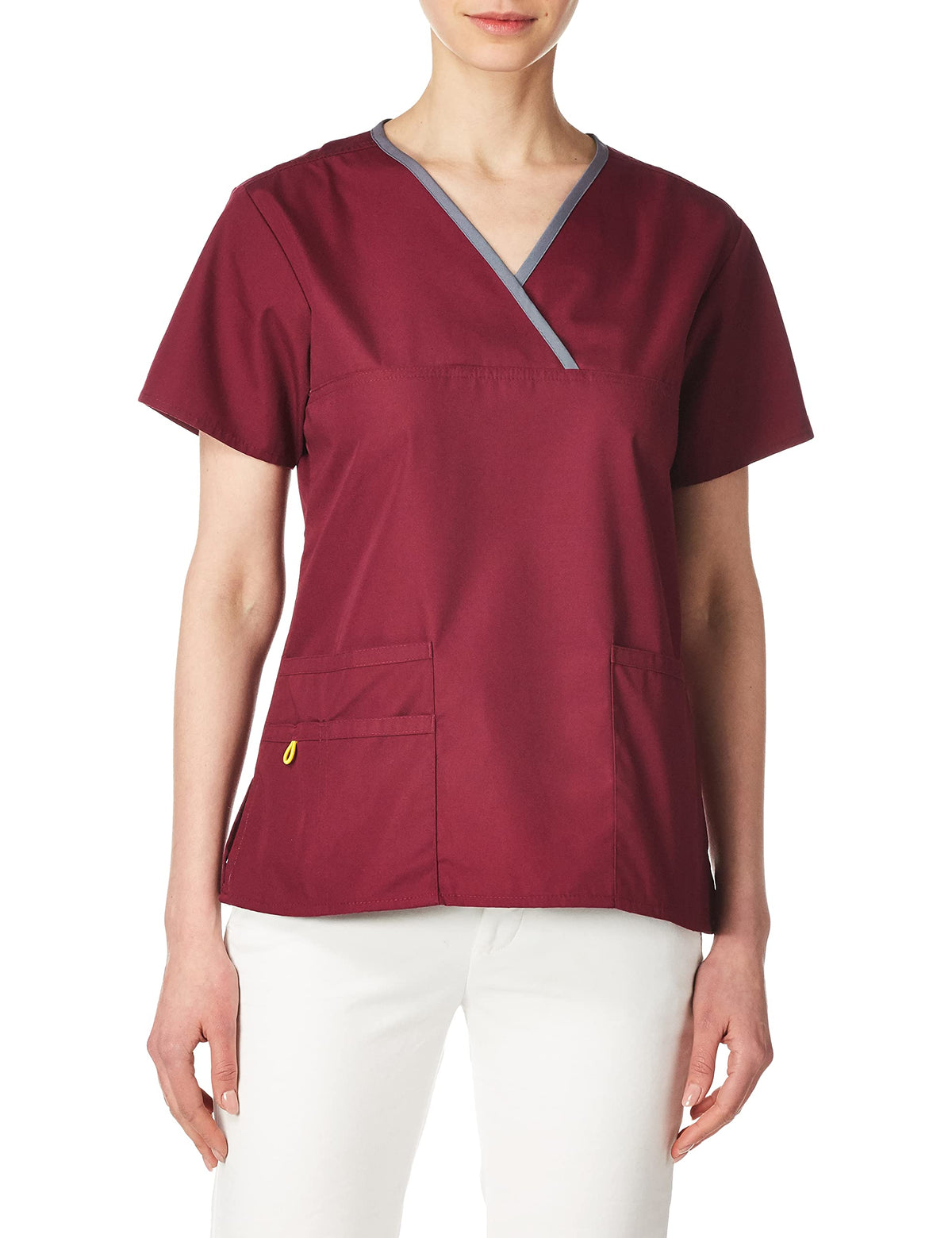WonderWink 6026AWINXS Origins Women's Charlie Fit Y-Neck Mock Wrap Top, Wine, Standard - X Small