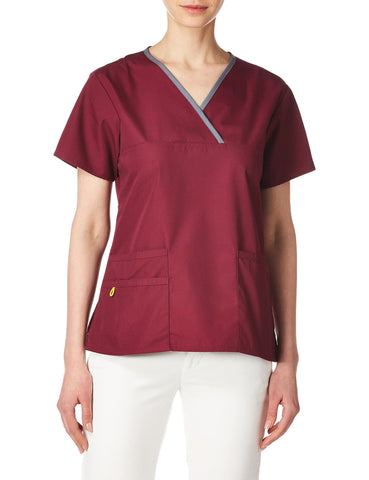 WonderWink 6026AWINXS Origins Women's Charlie Fit Y-Neck Mock Wrap Top, Wine, Standard - X Small