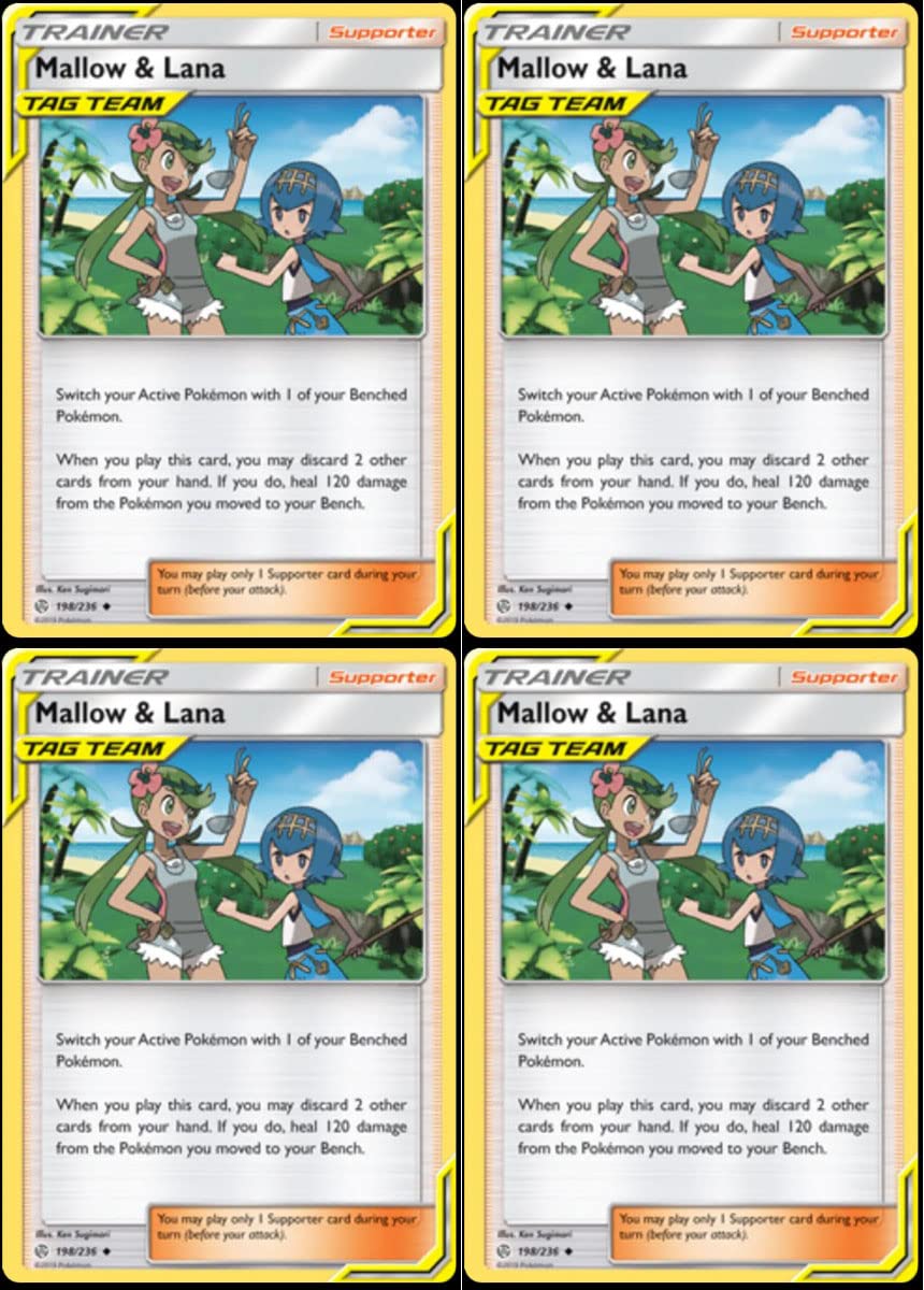 Pokemon Mallow & Lana 198/236 - Cosmic Eclipse - Tag Team Trainer Supporter Card Lot - Playset x4