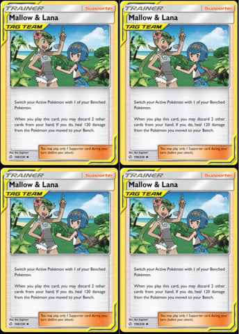 Pokemon Mallow & Lana 198/236 - Cosmic Eclipse - Tag Team Trainer Supporter Card Lot - Playset x4