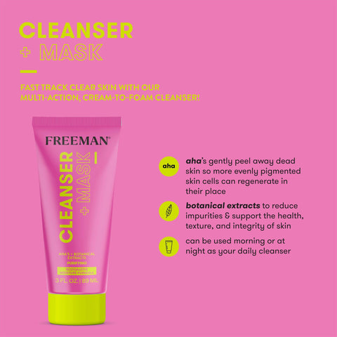 Freeman Restorative Facial Cleanser + Mask, Moisturizing & Purifying Cream-To-Foam Face Wash, Multipurpose Skincare to Deep Clean, AHA's & Botanical Extracts Face Mask, 3 fl.oz./ 89 mL Tube, 1 Count