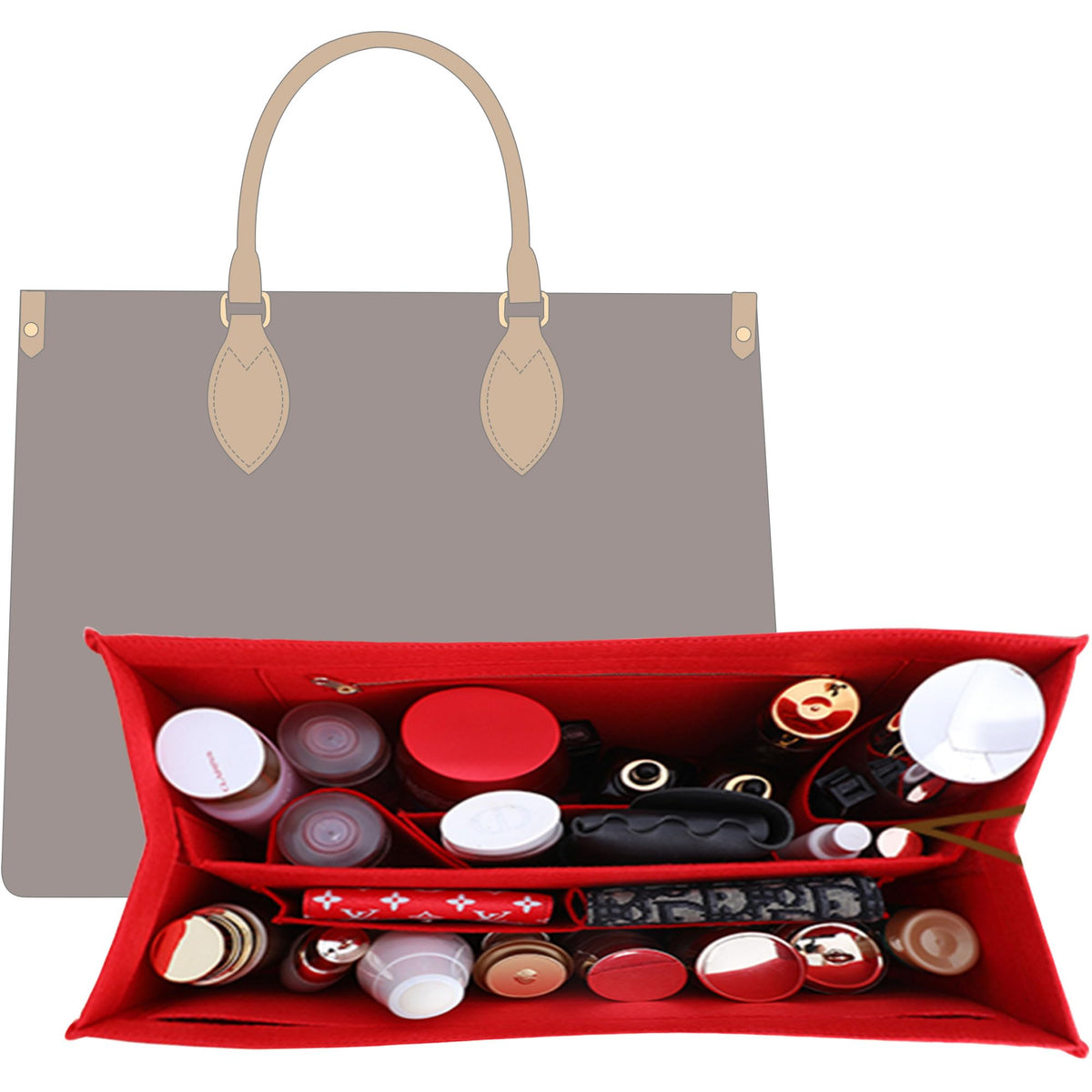 KESOIL Bag Organizer Insert,Tote Bag Insert For On The Go MM,Bag Insert Organizer,Handbag Storage,Tote Bag Felt Insert with Zipper(Red,L)