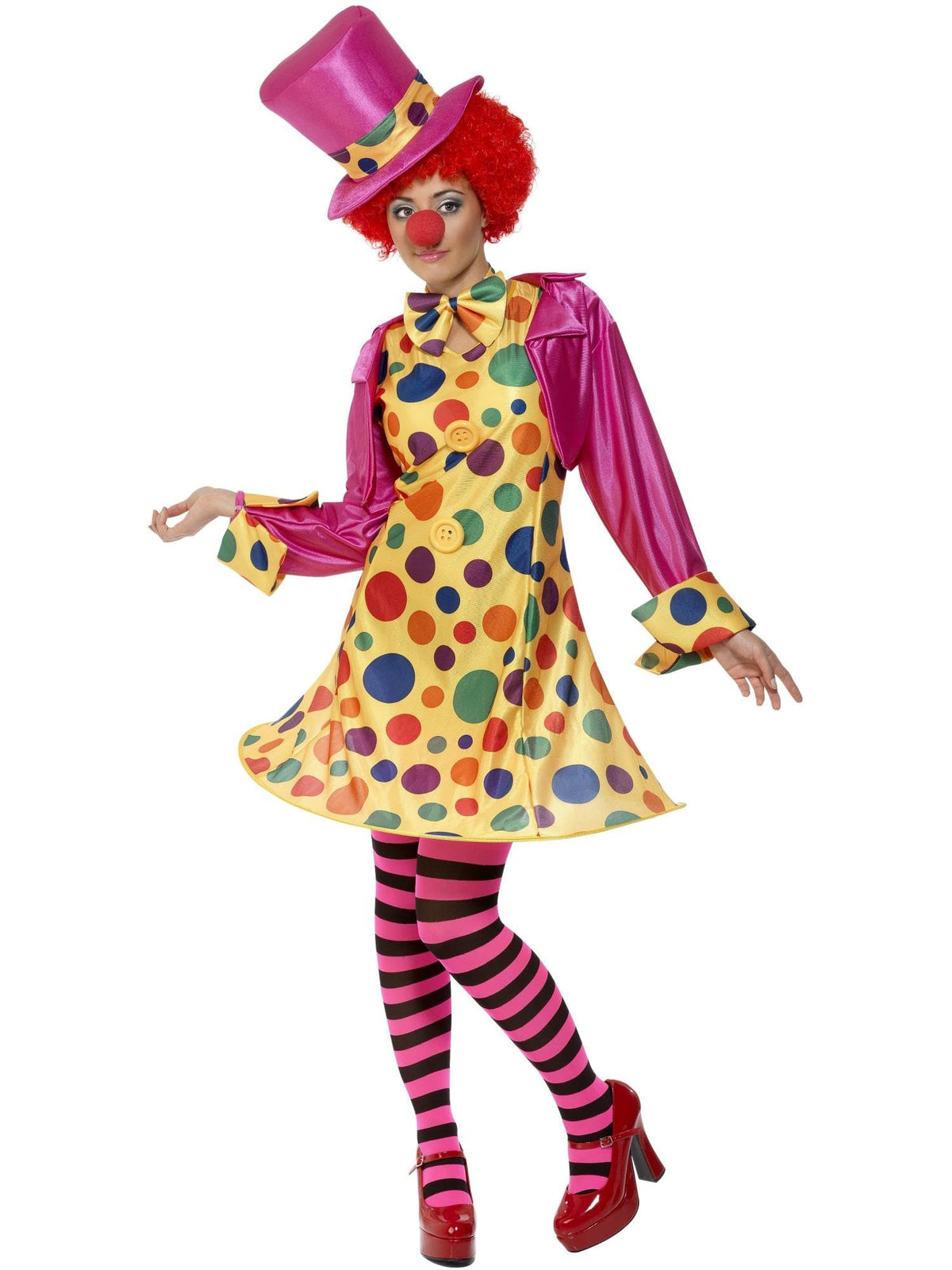 Smiffys Clown Lady Costume, Multi-Coloured Hooped Dress, Shirt, Bow Tie, Stripy Tights, Hat, Funny Fancy Dress, Clown Dress Up Costumes