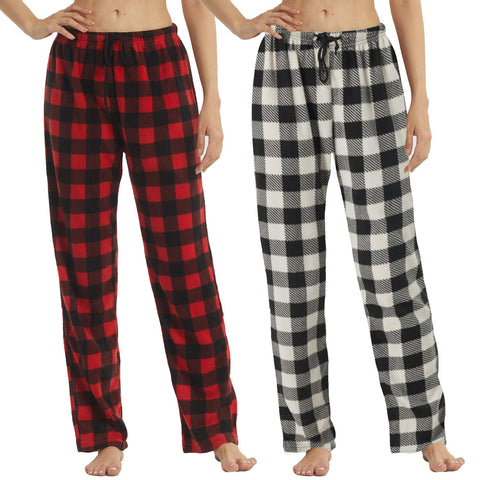 1-2 Pack Women's Plaid Pyjama Bottoms Fleece Checked Pjs Pants Soft Drawstring Lounge Sleepwear for Ladies
