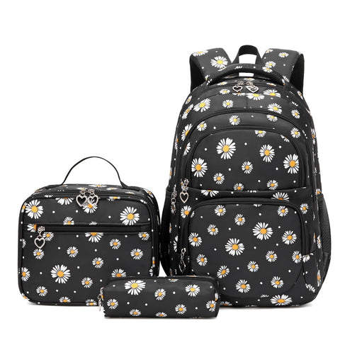 ZHIERNA Daisy Printed Backpacks for Girls with Lunch Bag Pencil Case 3pcs Set, Lightweight Elementary Bookbags for Teen Girls?Black?