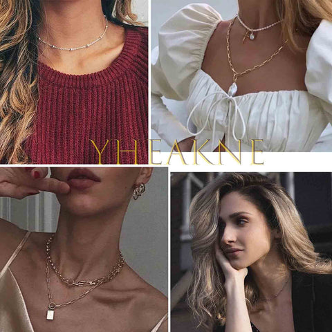 Yheakne Boho Thin Beaded Choker Necklace Gold Station Ball Necklace Short Satellite Chain Necklace Everyday Minimalist Necklace Jewelry for Women and Girls (Gold)