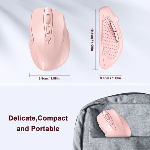 TECKNET Wireless Mouse, 2.4G Ergonomic Optical Mouse, Computer Mouse for Laptop, PC, Computer, Chromebook, Notebook, 6 Buttons, 24 Months Battery Life - Pink