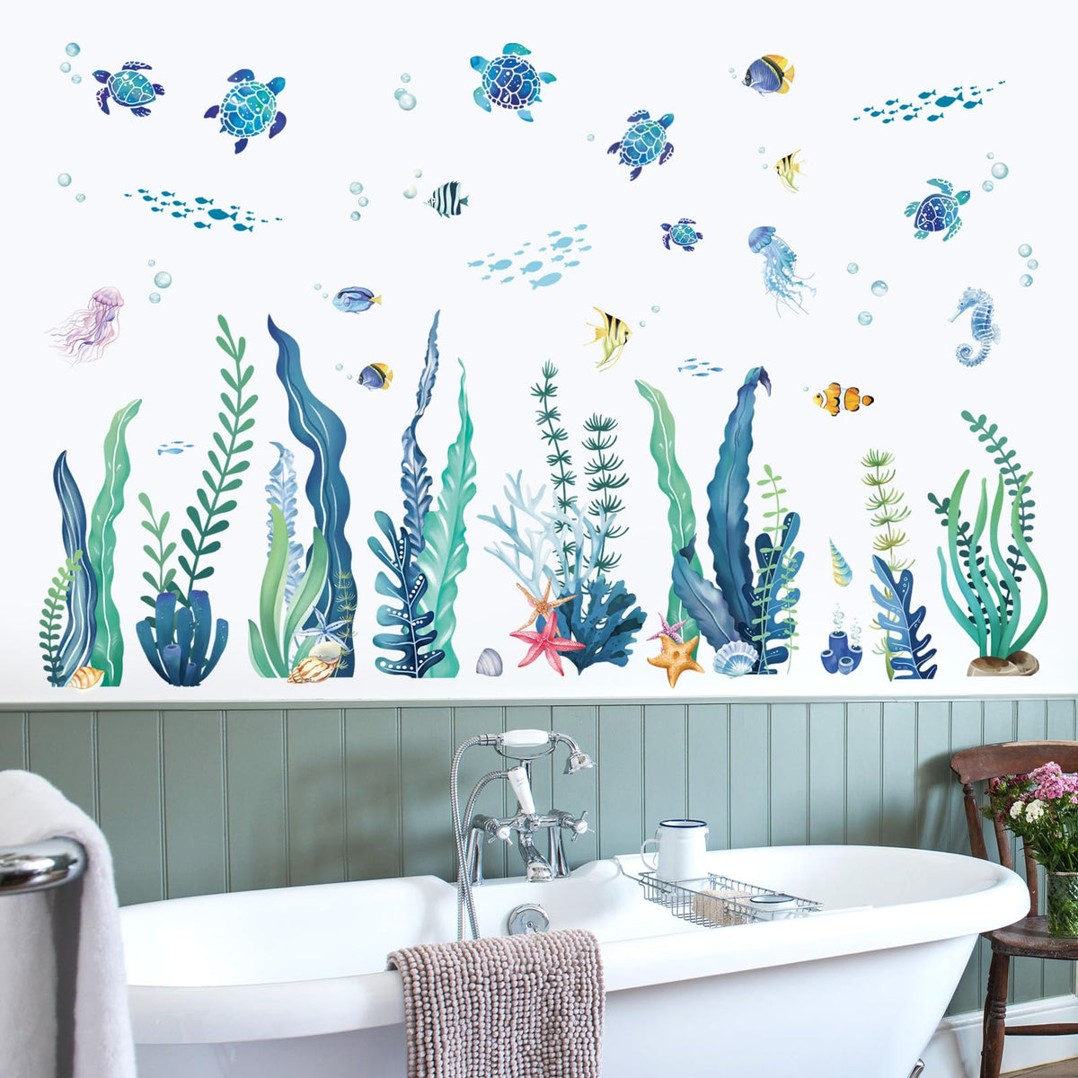 wondever Under The Sea Seaweed Wall Stickers Ocean Grass Sea Turtles Peel and Stick Wall Art Decals for Baby Nursery Kids Bedroom Bathroom