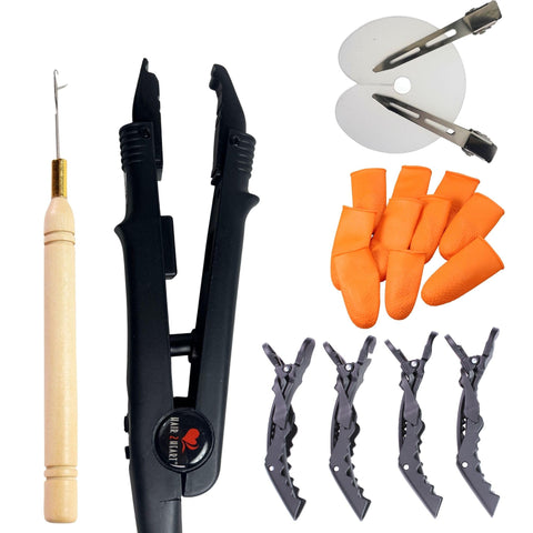 hair2heart Starter Set for Bonding Extensions - Professional Heat Pliers, Finger Protection, Sectioning Clip, Template & Threader
