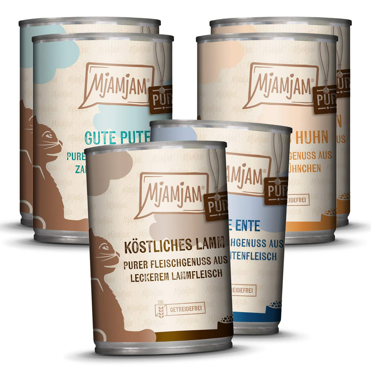 MjAMjAM - premium wet food for cats - mixed package V - pure meat enjoyment, pack of 6 (6 x 400 g), grain-free with extra meat