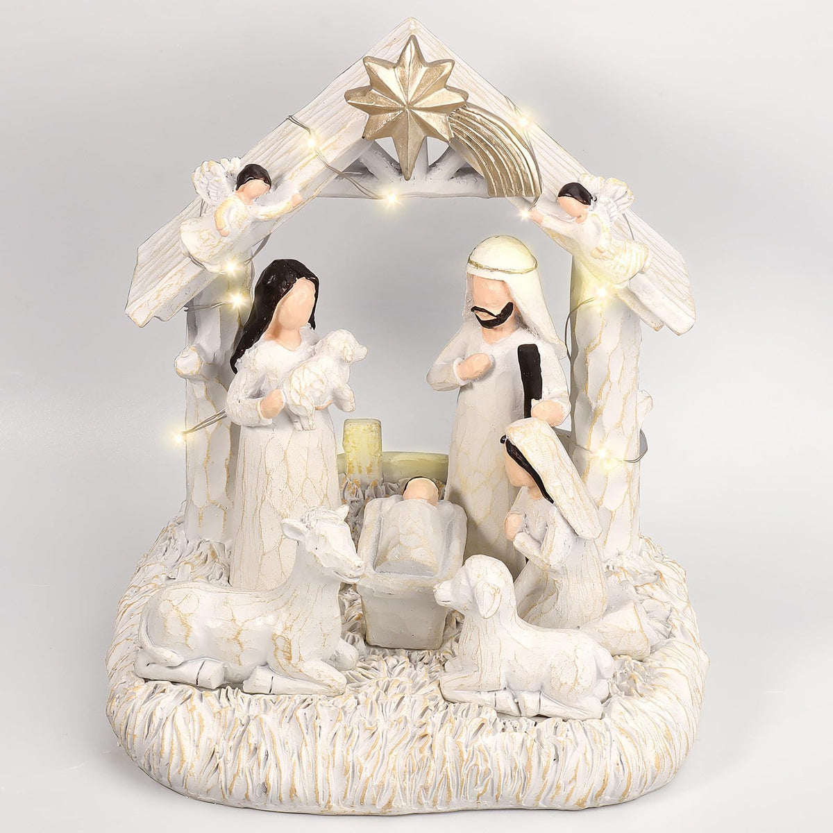 EBINGMIMA Nativity Set with LED Lights, Nativity Sets for Christmas Indoor, Resin Nativity Scene Indoor with Manger, Christmas Nativity Sets & Figures for Table Chrismas Indoor Decoration