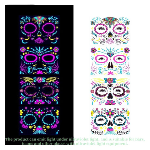 Beilingdun Halloween & Day of the Dead Sugar Skull Glowing Temporary Face Tattoos (8 Packs),Roses Spider Net and Floral Black Skeleton Web Red Roses Full Face Mask Tattoo for the halloween &Night Party
