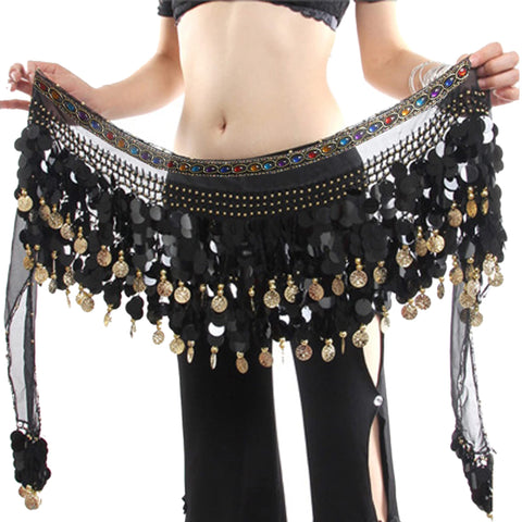 Wuchieal WomenÃ¢â‚¬Ëœs Belly Dance Hip Scarf, Sweet Belly Dance Skirt Wrap Performance Bling Sequins Coins, Belly Dance Costume (One Size, Black with Black Coins & Colorful Gemstone)