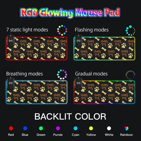 Happy Dog Paw Bones Wireless Charging Mouse Pad for Mobile Phone Extra Large Gaming Mousepad with 13 Lighting Modes Computer Mat for Gaming MacBook PC Laptop Desk Office Home