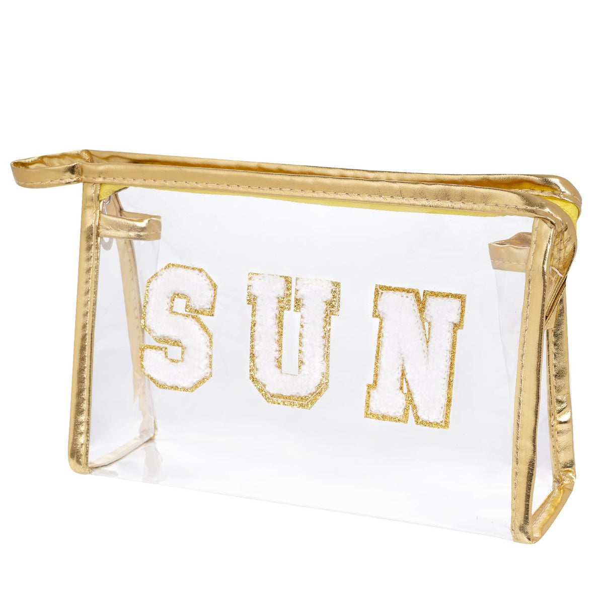 Hmxpls Clear Preppy Patch Makeup Bag, Sun Chenille Letter Bag for Beach, Clear Pouch with Zipper, Preppy Travel Bags Clear Cosmetic Toiletry Bag for Women Girls Teens (Gold)