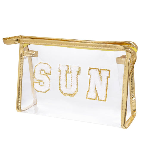 Hmxpls Clear Preppy Patch Makeup Bag, Sun Chenille Letter Bag for Beach, Clear Pouch with Zipper, Preppy Travel Bags Clear Cosmetic Toiletry Bag for Women Girls Teens (Gold)