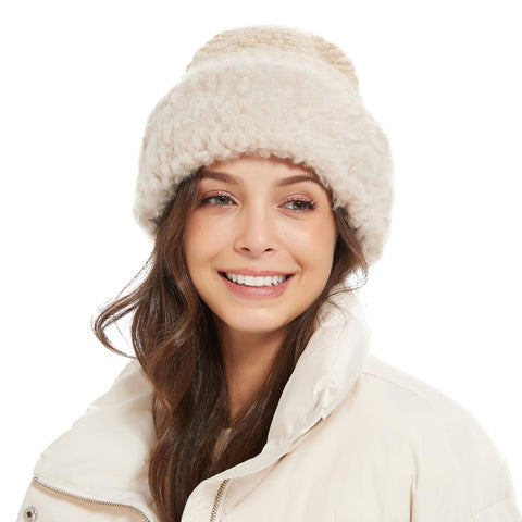 Winter Hats Knit Beanie Skull Cap Russian Faux Fur Hat Fluffy Bucket Hat Snow Cap for Women Beige