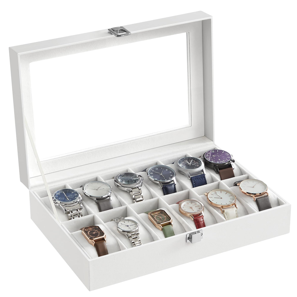 SONGMICS 12-Slot Watch Box, Watch Display Holder Case, with Glass Lid, Removable Watch Pillow, Velvet Lining, Metal Clasp, White Synthetic Leather, White Lining JWB202