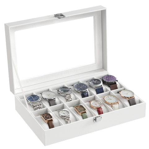 SONGMICS 12-Slot Watch Box, Watch Display Holder Case, with Glass Lid, Removable Watch Pillow, Velvet Lining, Metal Clasp, White Synthetic Leather, White Lining JWB202