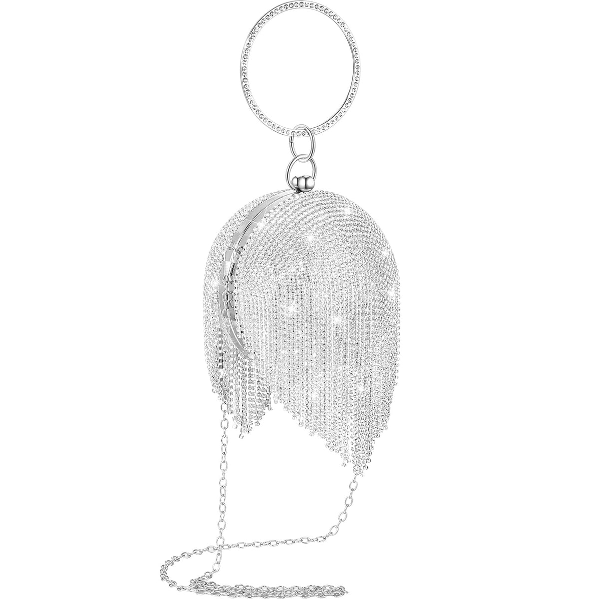 Saintrygo Disco Round Purse Silver Circle Ball Crystal Clutch Rhinestone Evening Tassel Women Handbags with Long Chain(Silver,Round Shape)