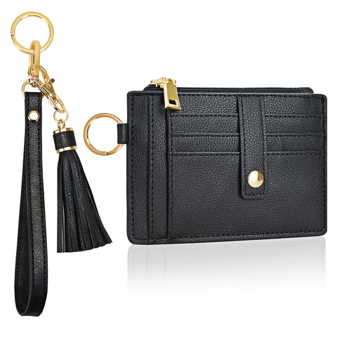 CHIWUTECH Wristlet Keychain Wallet, Leather Wrist Bracelet Strap Purse, Slim RFID Pocket Credit Card Holder with Lanyard, Black