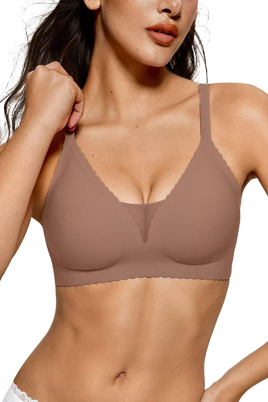 Vertvie Womens Seamless Wireless Bras No Underwire Comfortable Deep V Mesh Bralettes Push Up Bras Full Coverage Everyday Bra(Coffee,Large)