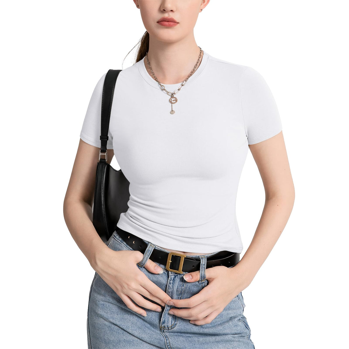 CLOUSPO Women's Short-Sleeved Crew Neck Slim Fit Short Sleeve Fit Knitted Plain Tight Tops Summer Tops Y2K Basic Shirts, White, M