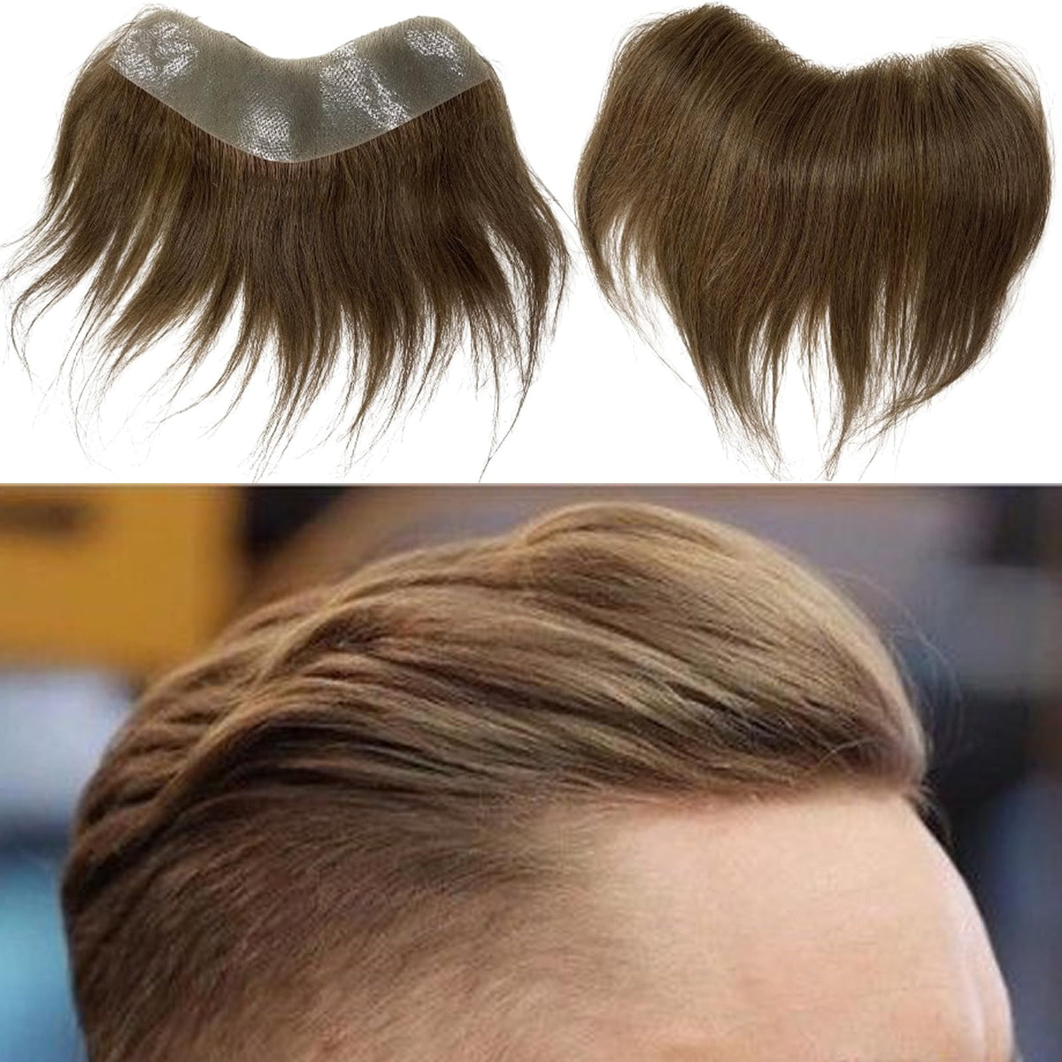 Voloria Men Forehead Hairline Toupee 100% Human Hair Skin PU Man Hairpieces Frontal Hair Topper for Receding Natural Hairline Replacement Systems #7 Light Brown Color 1.18x6.29INCH