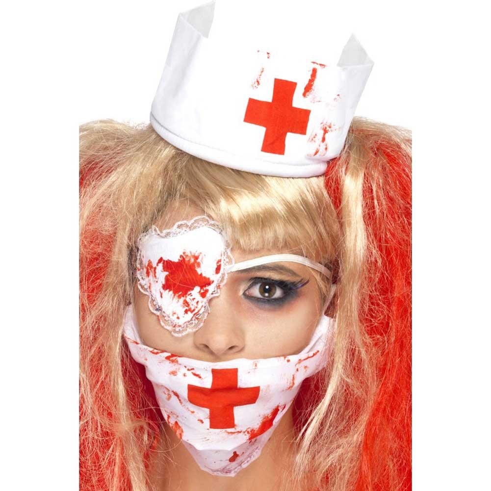 Smiffys Bloody Nurse Kit, White with Mask, Headpiece & Eyepatch, Blood Effect, Halloween Zombie Alley Fancy Dress, Nurse Dress Up Accessories