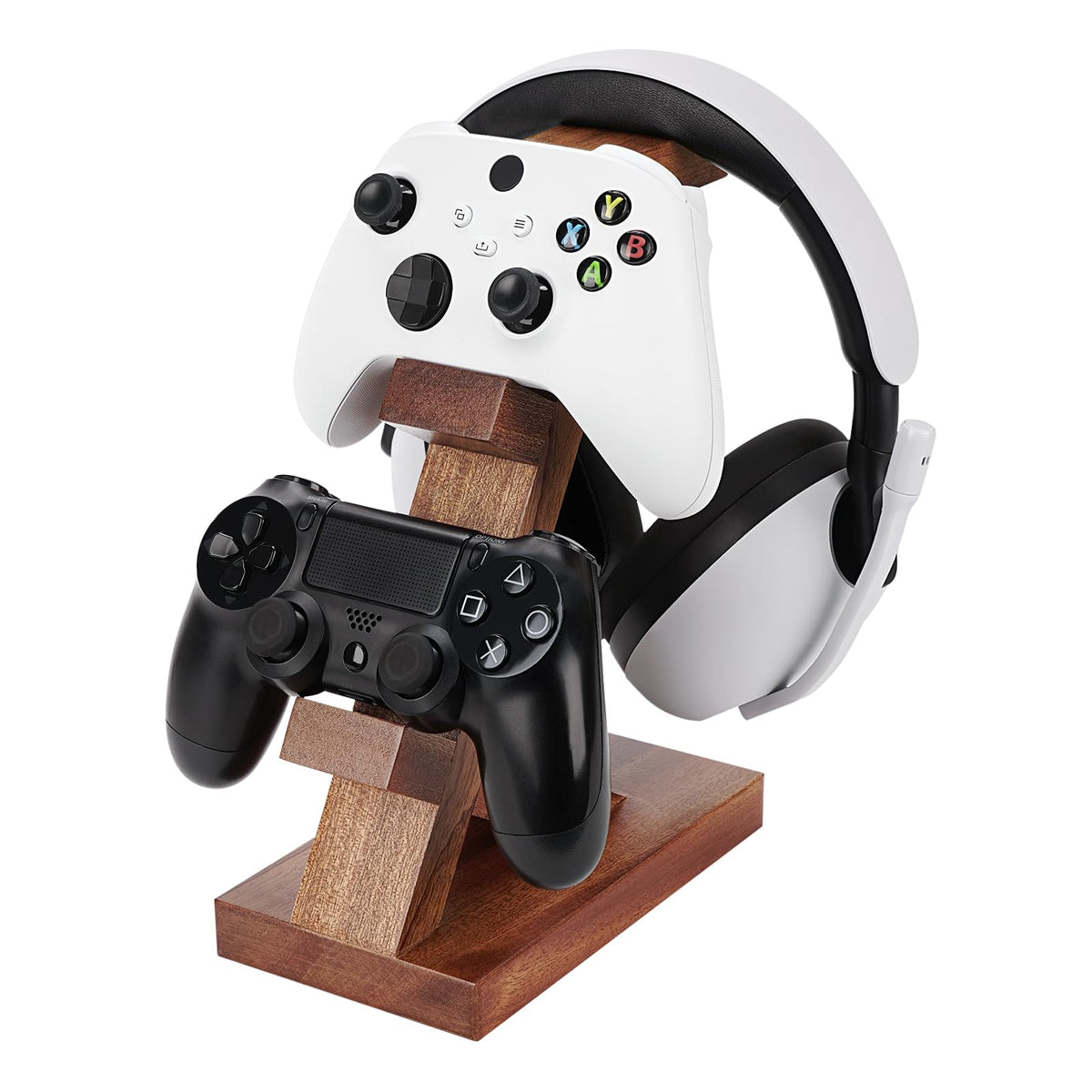 Geekria Solid Wood Dual Gamepad and Headphone Stand, Controller Storage Holder for PS4, PS5, Xbox, Switch, 8BitDo, Universal Desk Game Accessories