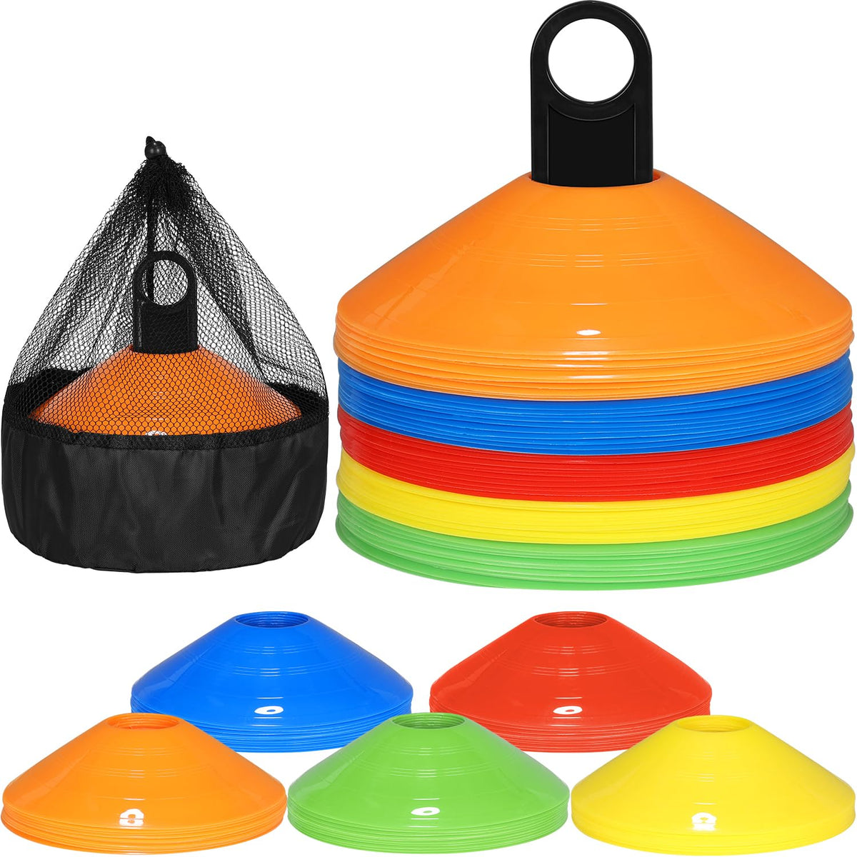 GHB Sports Marking Football Cones 50Pcs Football Training Cones Marker Cones Discs Set with Carry Bag and Cone Holder Space Marking Cones for Kids Football Practice, Sports, Games, Home Fitness