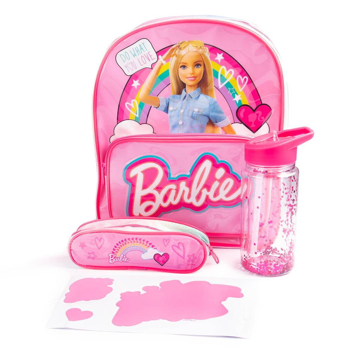 Barbie School Backpack - Includes 1 x Backpack, 1 x Pencil Case and 1 x Scratch and Reveal Water Bottle with Straw - Back to School Supplies Reveal Accessories - School Bag